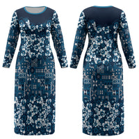 Blue Hawaiian Tapa Tribal Hibiscus Couples Matching Long Sleeve Bodycon Dress and Long Sleeve Button Shirt
