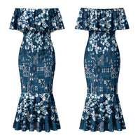Blue Hawaiian Tapa Tribal Hibiscus Couples Matching Mermaid Dress and Hawaiian Shirt