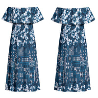 Blue Hawaiian Tapa Tribal Hibiscus Couples Matching Off Shoulder Maxi Dress and Hawaiian Shirt