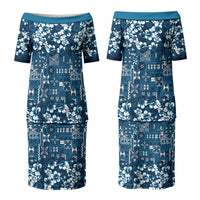Blue Hawaiian Tapa Tribal Hibiscus Couples Matching Puletasi and Long Sleeve Button Shirt