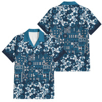 Blue Hawaiian Tapa Tribal Hibiscus Family Matching Off Shoulder Maxi Dress and Hawaiian Shirt