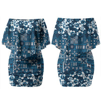 Blue Hawaiian Tapa Tribal Hibiscus Family Matching Off Shoulder Short Dress and Hawaiian Shirt