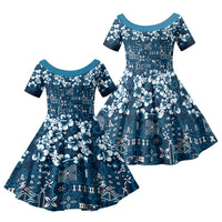 Blue Hawaiian Tapa Tribal Hibiscus Family Matching Short Sleeve Bodycon Dress and Hawaiian Shirt