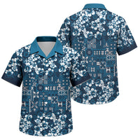 Blue Hawaiian Tapa Tribal Hibiscus Family Matching Short Sleeve Bodycon Dress and Hawaiian Shirt