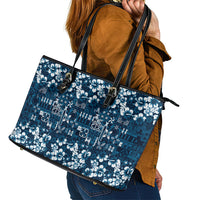 Blue Hawaiian Tapa Tribal Hibiscus Leather Tote Bag