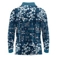 Blue Hawaiian Tapa Tribal Hibiscus Long Sleeve Polo Shirt
