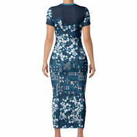 Blue Hawaiian Tapa Tribal Hibiscus Short Sleeve Bodycon Dress
