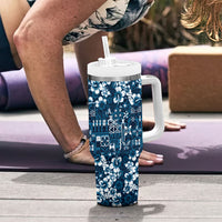 Blue Hawaiian Tapa Tribal Hibiscus Tumbler With Handle
