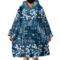 Blue Hawaiian Tapa Tribal Hibiscus Wearable Blanket Hoodie