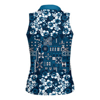 Blue Hawaiian Tapa Tribal Hibiscus Women Sleeveless Polo Shirt