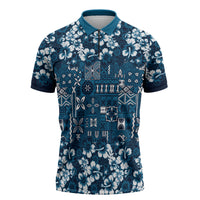 Blue Hawaiian Tapa Tribal Hibiscus Zipper Polo Shirt