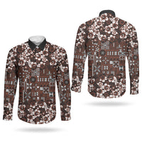 Burgundy Hawaiian Tapa Tribal Hibiscus Couples Matching Long Sleeve Bodycon Dress and Long Sleeve Button Shirt