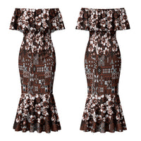 Burgundy Hawaiian Tapa Tribal Hibiscus Couples Matching Mermaid Dress and Long Sleeve Button Shirt