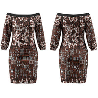 Burgundy Hawaiian Tapa Tribal Hibiscus Couples Matching Off The Shoulder Long Sleeve Dress and Hawaiian Shirt