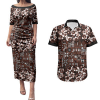Burgundy Hawaiian Tapa Tribal Hibiscus Couples Matching Puletasi and Hawaiian Shirt
