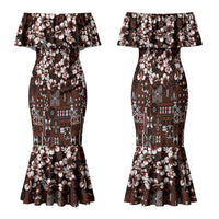 Burgundy Hawaiian Tapa Tribal Hibiscus Family Matching Mermaid Dress and Hawaiian Shirt