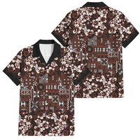 Burgundy Hawaiian Tapa Tribal Hibiscus Family Matching Off Shoulder Maxi Dress and Hawaiian Shirt