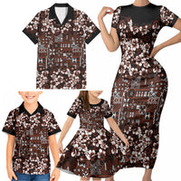 Burgundy Hawaiian Tapa Tribal Hibiscus Family Matching Short Sleeve Bodycon Dress and Hawaiian Shirt