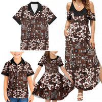 Burgundy Hawaiian Tapa Tribal Hibiscus Family Matching Summer Maxi Dress and Hawaiian Shirt