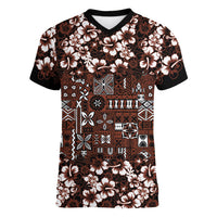 Burgundy Hawaiian Tapa Tribal Hibiscus Women V-Neck T-Shirt