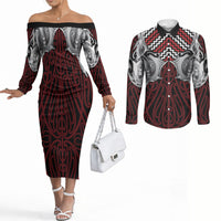 Aotearoa Kowhaiwhai Poutama Red Motif Couples Matching Off The Shoulder Long Sleeve Dress and Long Sleeve Button Shirt