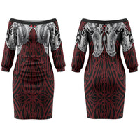 Aotearoa Kowhaiwhai Poutama Red Motif Couples Matching Off The Shoulder Long Sleeve Dress and Long Sleeve Button Shirt