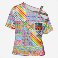 Aotearoa Kowhaiwhai Taniko Patchwork Rainbow Motifs Cross Shoulder Shirt