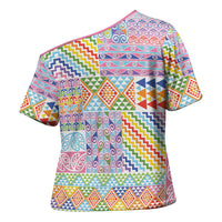 Aotearoa Kowhaiwhai Taniko Patchwork Rainbow Motifs Cross Shoulder Shirt