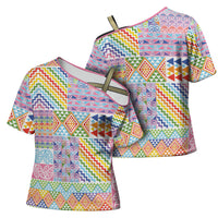 Aotearoa Kowhaiwhai Taniko Patchwork Rainbow Motifs Cross Shoulder Shirt