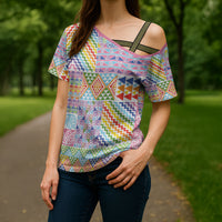Aotearoa Kowhaiwhai Taniko Patchwork Rainbow Motifs Cross Shoulder Shirt