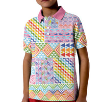 Aotearoa Kowhaiwhai Taniko Patchwork Rainbow Motifs Kid Polo Shirt LT9 Kid Rainbow - Polynesian Pride