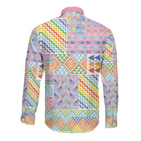 Aotearoa Kowhaiwhai Taniko Patchwork Rainbow Motifs Long Sleeve Button Shirt LT9 - Polynesian Pride
