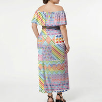 Aotearoa Kowhaiwhai Taniko Patchwork Rainbow Motifs Off Shoulder Maxi Dress LT9 - Polynesian Pride