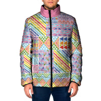 Aotearoa Kowhaiwhai Taniko Patchwork Rainbow Motifs Padded Jacket