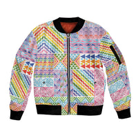 Aotearoa Kowhaiwhai Taniko Patchwork Rainbow Motifs Sleeve Zip Bomber Jacket