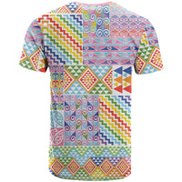 Aotearoa Kowhaiwhai Taniko Patchwork Rainbow Motifs T Shirt