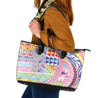 Maori Kowhaiwhai Taniko Patchwork Rainbow Motifs Leather Tote Bag