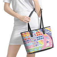 Maori Kowhaiwhai Taniko Patchwork Rainbow Motifs Leather Tote Bag