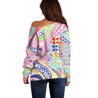 Maori Kowhaiwhai Taniko Patchwork Rainbow Motifs Off Shoulder Sweater