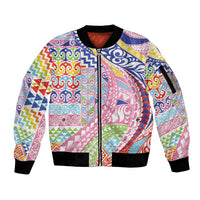 Maori Kowhaiwhai Taniko Patchwork Rainbow Motifs Sleeve Zip Bomber Jacket