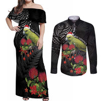Meri Kirihimete Kakapo Couples Matching Off Shoulder Maxi Dress and Long Sleeve Button Shirt Black Silver Fern Christmas Vibe LT9 Black - Polynesian Pride