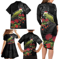 Meri Kirihimete Kakapo Family Matching Long Sleeve Bodycon Dress and Hawaiian Shirt Black Silver Fern Christmas Vibe LT9 - Polynesian Pride