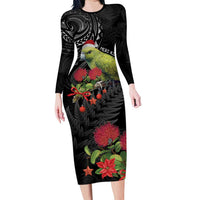 Meri Kirihimete Kakapo Family Matching Long Sleeve Bodycon Dress and Hawaiian Shirt Black Silver Fern Christmas Vibe LT9 Mom's Dress Black - Polynesian Pride
