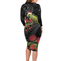 Meri Kirihimete Kakapo Family Matching Long Sleeve Bodycon Dress and Hawaiian Shirt Black Silver Fern Christmas Vibe LT9 - Polynesian Pride