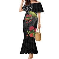 Meri Kirihimete Kakapo Family Matching Mermaid Dress and Hawaiian Shirt Black Silver Fern Christmas Vibe LT9 Mom's Dress Black - Polynesian Pride