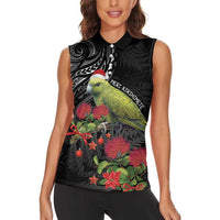 Meri Kirihimete Kakapo Women Sleeveless Polo Shirt Black Silver Fern Christmas Vibe LT9 - Polynesian Pride