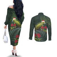 Meri Kirihimete Kakapo Couples Matching Off The Shoulder Long Sleeve Dress and Long Sleeve Button Shirt Green Silver Fern Christmas Vibe LT9 - Polynesian Pride