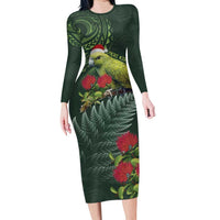 Meri Kirihimete Kakapo Long Sleeve Bodycon Dress Green Silver Fern Christmas Vibe LT9 Long Dress Green - Polynesian Pride