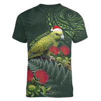 Meri Kirihimete Kakapo Women V-Neck T-Shirt Green Silver Fern Christmas Vibe LT9 - Polynesian Pride