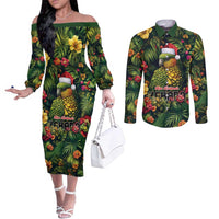 Meri Kirihimete Kakapo Couples Matching Off The Shoulder Long Sleeve Dress and Long Sleeve Button Shirt New Zealand Christmas with Tropical Vibe LT9 Green - Polynesian Pride